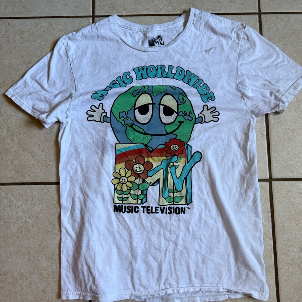 MTV Women’s White Tee with Colorful Earth Graphic